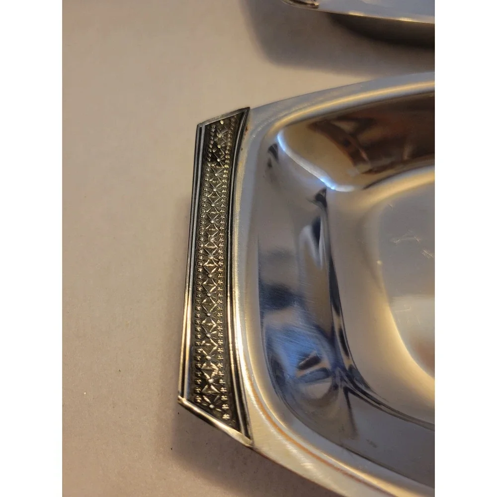 Vtg MCM Madeira Stainless‎ Serving Set Trays Divided Dish Bowl Floral Rim